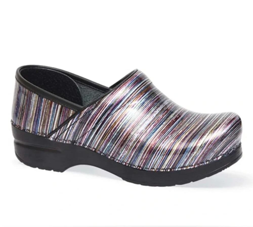 Dansko Pro XP Multicolor Metallic Striped Patent Leather Rainbow Clogs Size 42